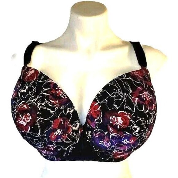 Torrid Bra 40DDD 360 Back Smoothing T Shirt Black Floral Underwire - Picture 1 of 12